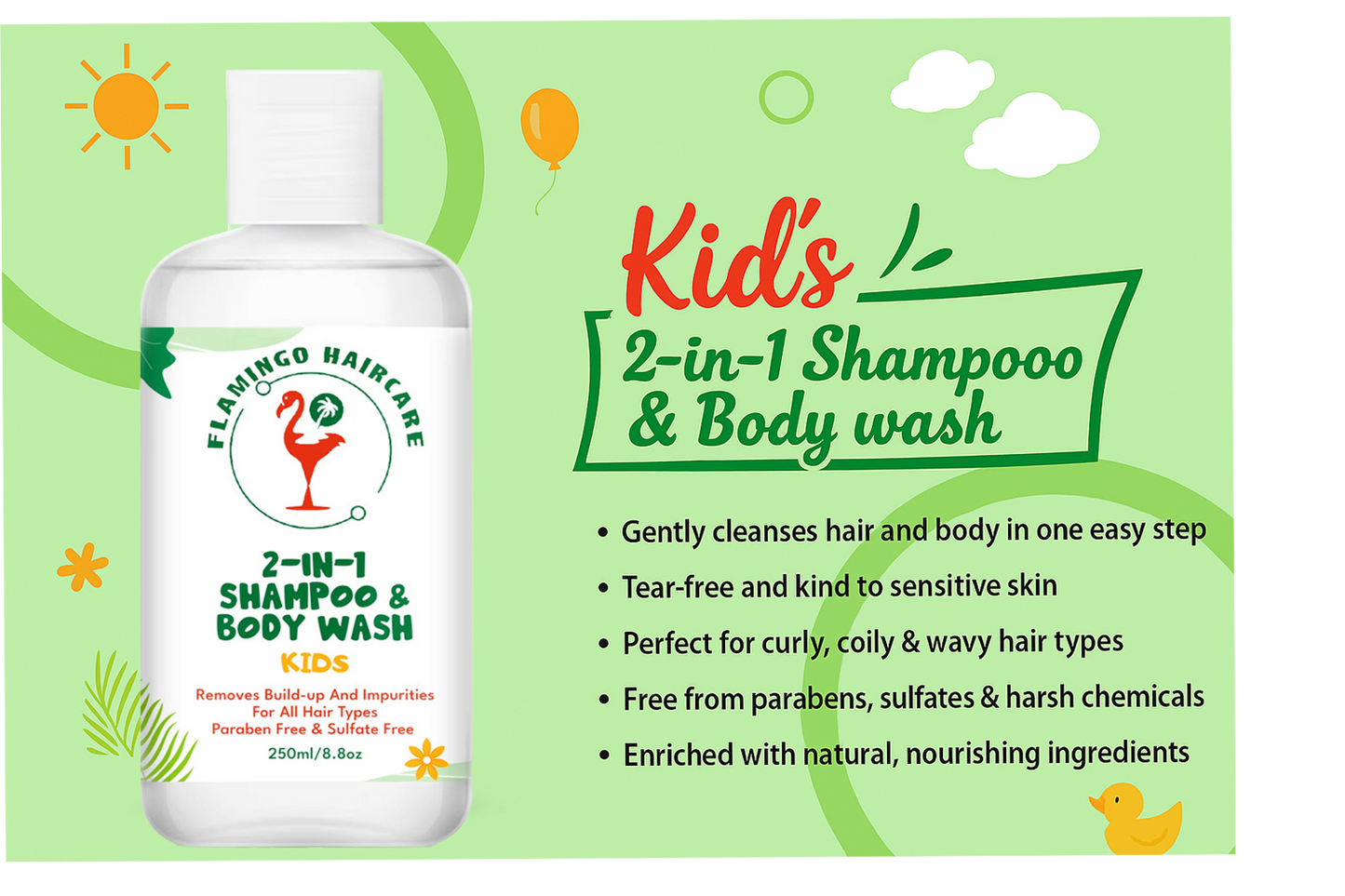 Flamingo Haircare Kids 2-in-1 Shampoo & Body Wash – Gentle Cleanse for Curly Hair (250ml)